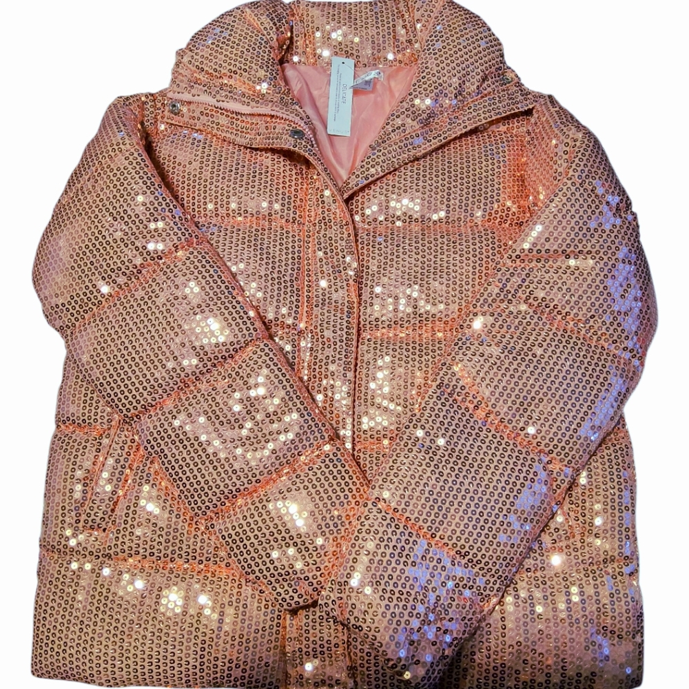 Venus Pink Sequin Puffer Jacket NWT - Winter Feminine Sparkle Outerwear Size SM - Picture 9 of 10